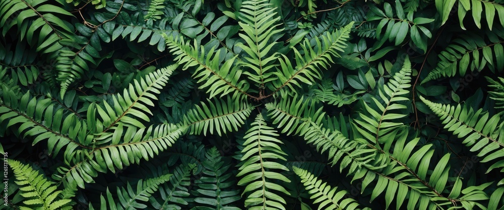 Poster Lush green foliage background featuring various fern leaves with rich textures and patterns suitable for nature themes Copy Space