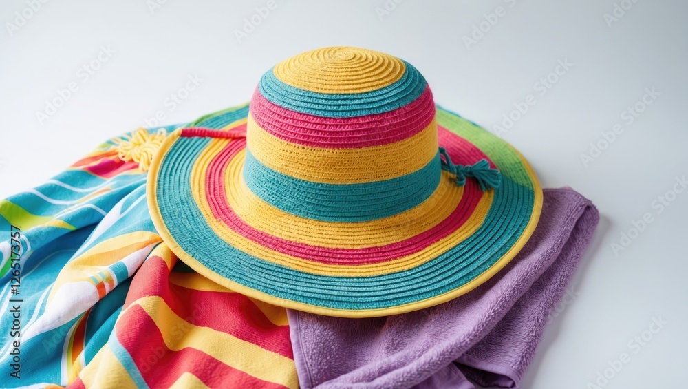 Poster Colorful beach hat resting on folded towels with vibrant patterns and textures against a light background Copy Space