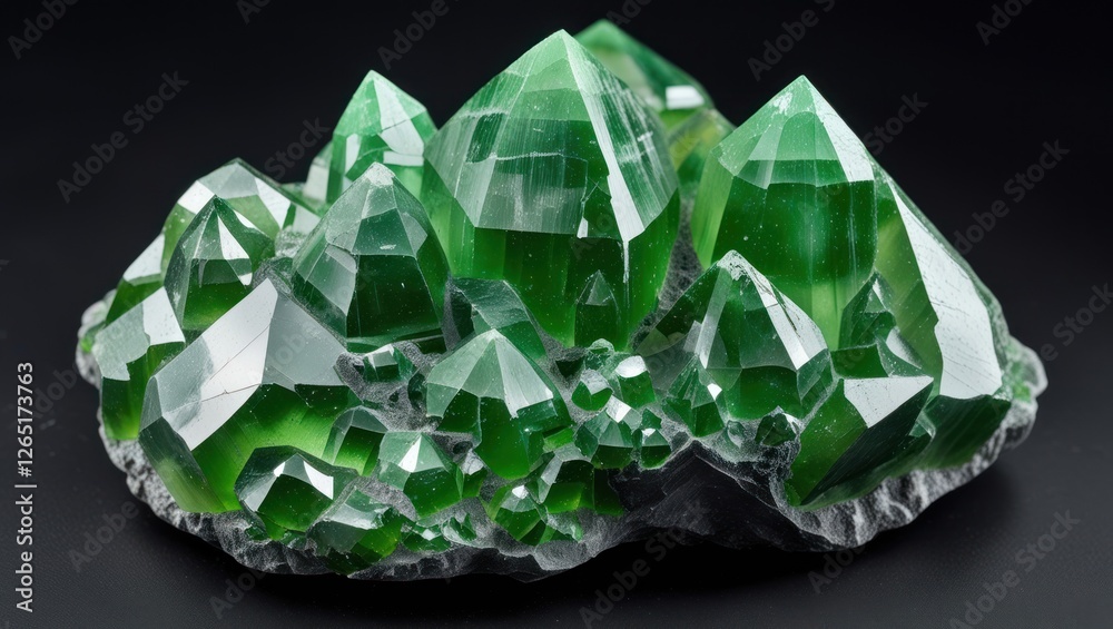 Poster green crystalline mineral cluster with sharp facets and unique formations on a dark background, show