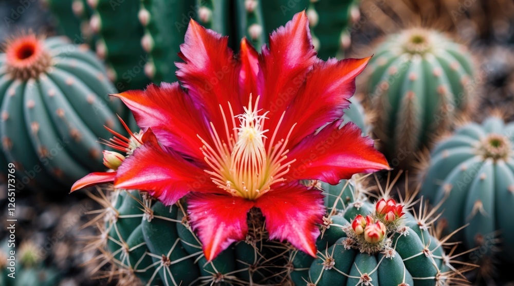 Poster bright red cactus flower blooming among green cacti in a desert garden setting with sharp spines and