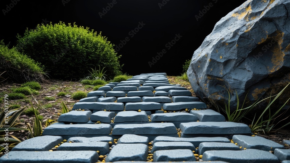 Poster Stone pathway surrounded by lush greenery and large rock in a dark background with visible textures and details. Copy Space