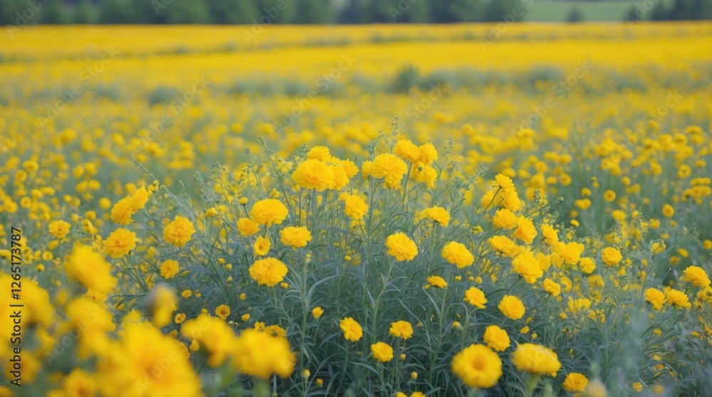 Poster vibrant field of yellow flowers with lush greenery and a blurred background of trees under a clear s