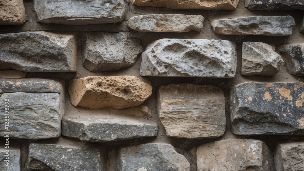 Poster textured stone wall with various sizes and shapes of natural rocks in neutral colors suitable for ba