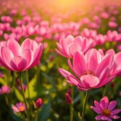 Obraz premium Pink petals unfolding in the warm rays of sunlight, flower field, nature