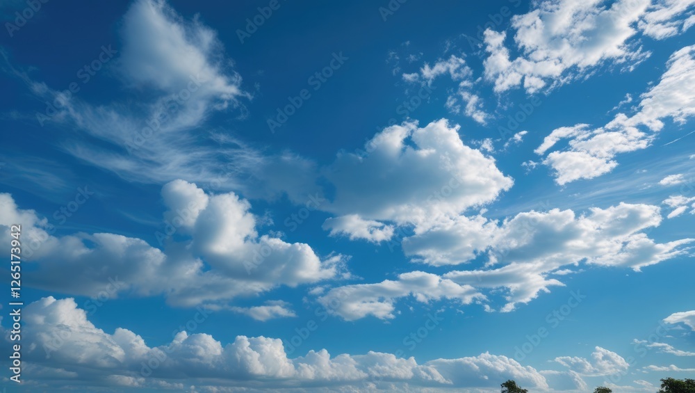 Poster Cloudy sky with white cumulus clouds against a bright blue background and ample Copy Space for text placement