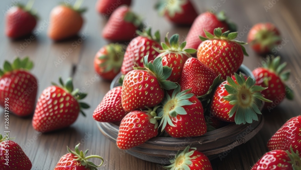 Poster fresh ripe strawberries in a wooden bowl surrounded by scattered strawberries on a rustic wooden tab