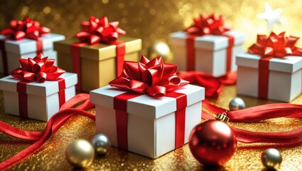 Christmas gift boxes with red bows and decorative ornaments on a golden background with copy space for text.