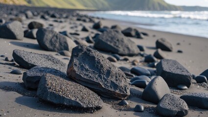 Black volcanic rocks on a sandy beach with ocean waves and green hills in the background natural scenery Copy Space