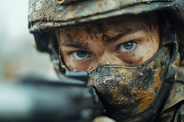 Fototapeta premium Intense focus of a paintball player in action during a competitive game