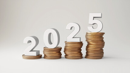 Clean and professional image showcasing 2025 as a symbol of financial growth and investment, with stacked coins representing financial stability and future growth