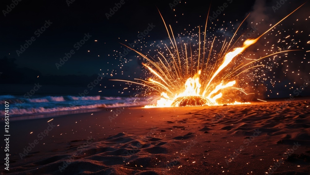 Poster Firework explosion on beach at night with ocean waves in background and silhouette of distant clouds, sparks illuminating dark scene with sand.