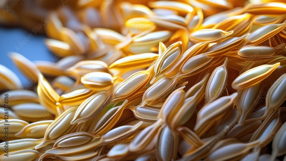 Aufkleber Close-up of detailed golden seeds arranged in a heap with soft lighting and shallow depth of field Copy Space
