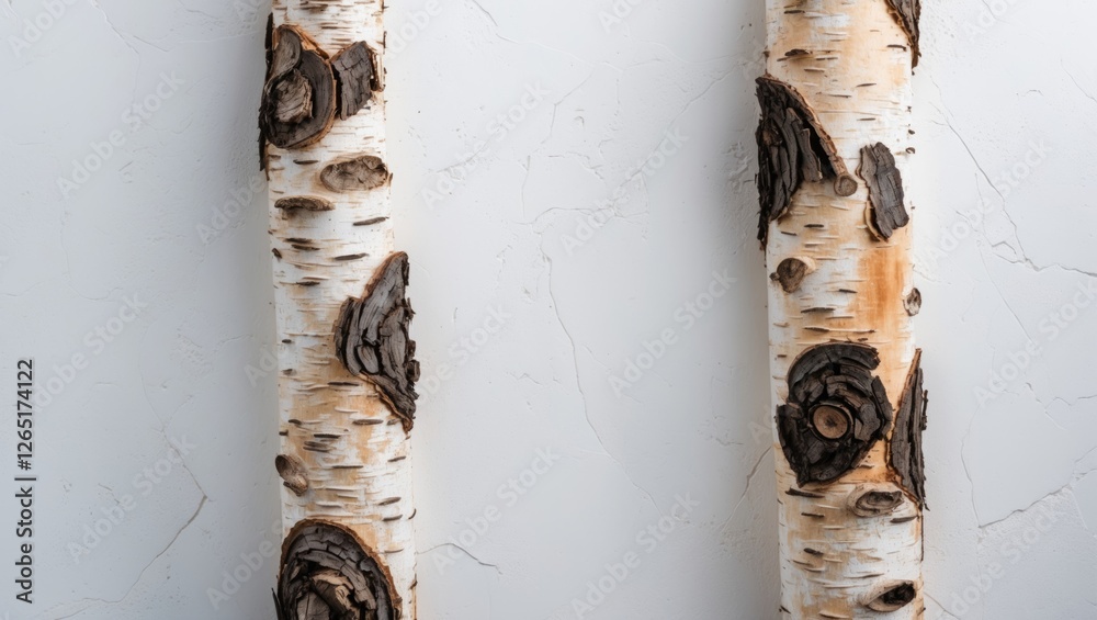 Poster Vertical birch tree trunks with distinct bark patterns placed against a plain white wall providing ample copy space for text