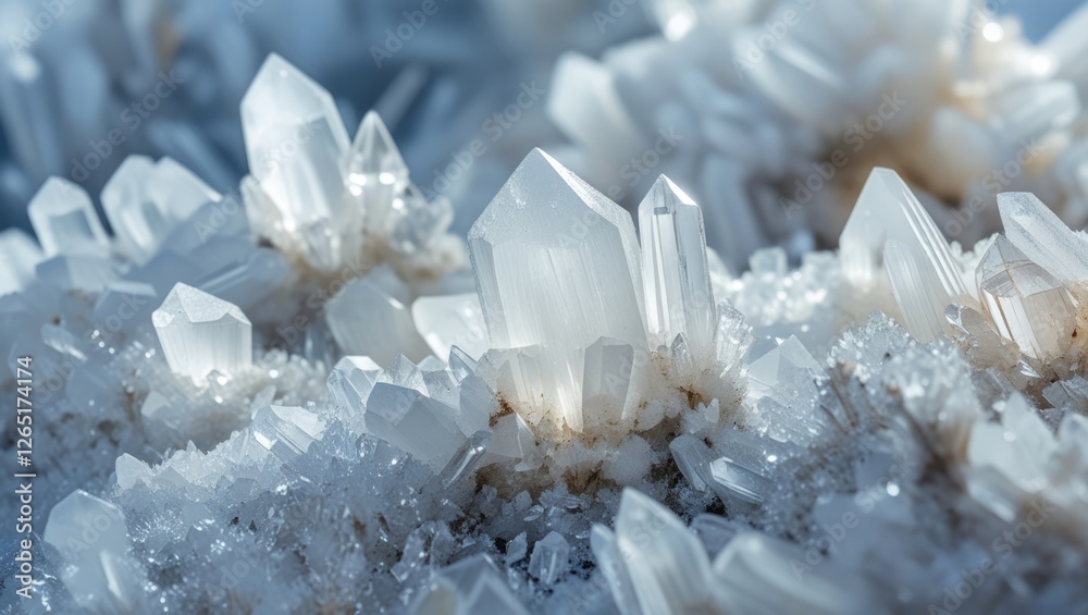 Poster Close-up of clear quartz crystal cluster with sharp points and sparkling facets on mineral surface suitable for abstract backgrounds with copy space