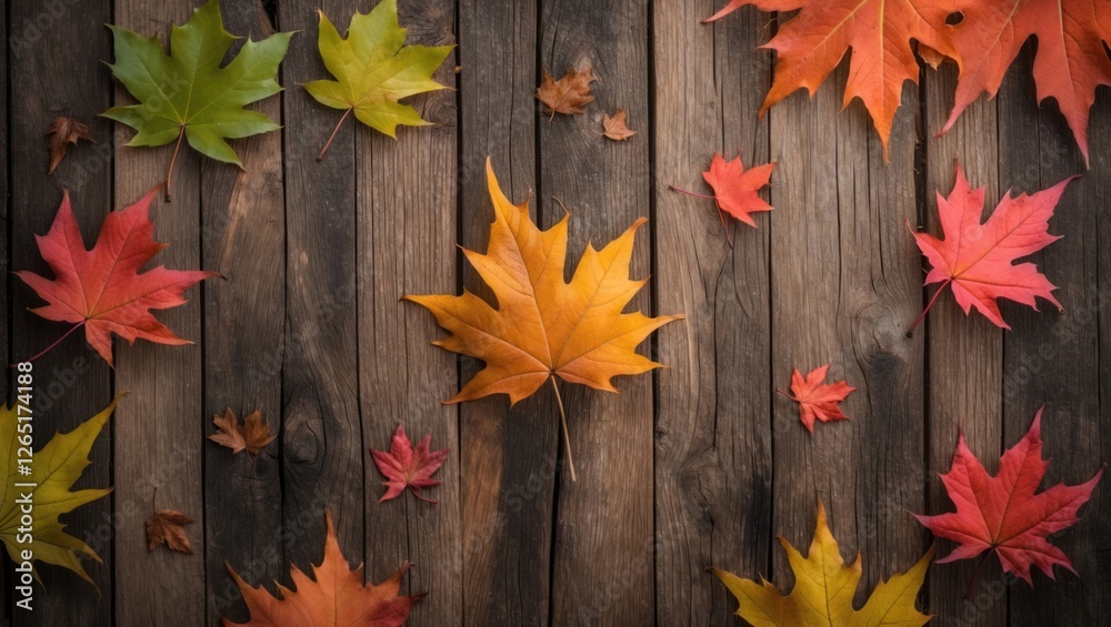 Poster Colorful autumn leaves scattered on rustic wooden background with Copy Space for text placement