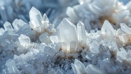 Close-up of clear quartz crystal cluster with sharp points and sparkling facets on mineral surface suitable for abstract backgrounds with copy space