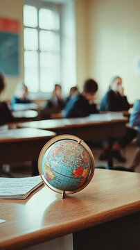 Students focused on lessons while a globe rests on a desk in a classroom setting during school hours