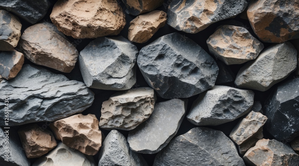 Aufkleber Textured background of assorted natural stones in various sizes and colors with dark and light tones, suitable for design applications. Copy Space