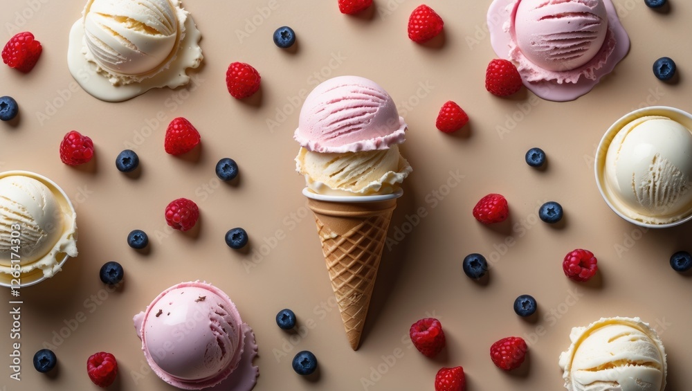Poster Assorted ice cream scoops in bowls and cones surrounded by fresh raspberries and blueberries on a neutral background with Copy Space