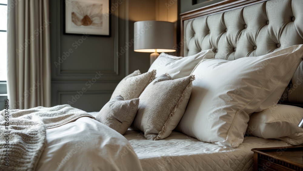 Poster elegant bed with white bedding and decorative pillows in stylish interior setting with natural light