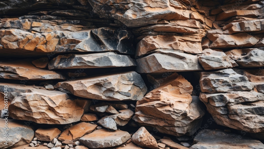 Poster textured stone wall with layered rocks in earthy tones suitable for backgrounds and natural designs 