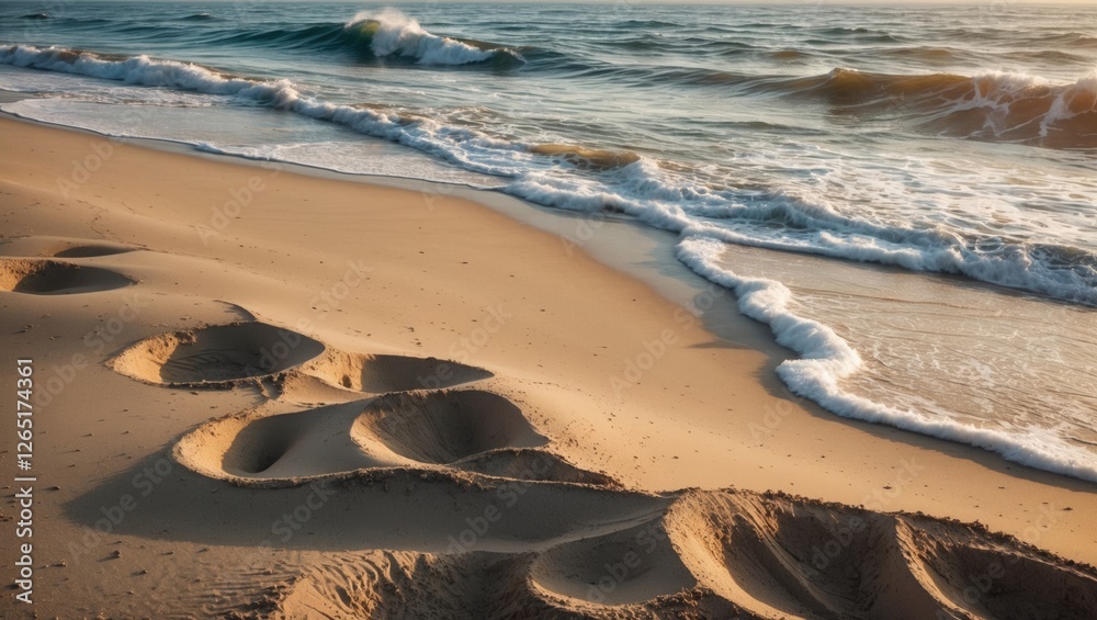 Poster beach shoreline with gentle waves washing over sandy beach and unique sand patterns in the foregroun