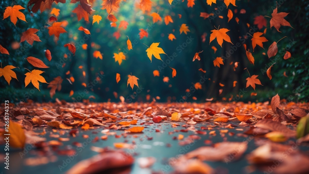 Poster falling autumn leaves in a serene forest pathway with vibrant orange and yellow foliage and blurred 