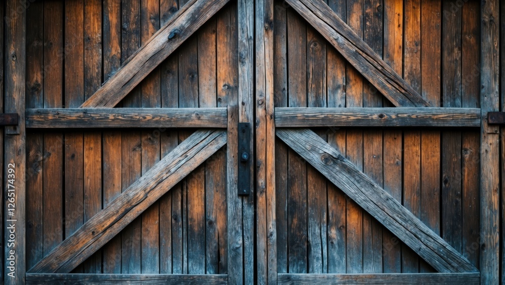 Poster wooden barn doors with a weathered texture and diagonal bracing illuminated by warm light, featuring