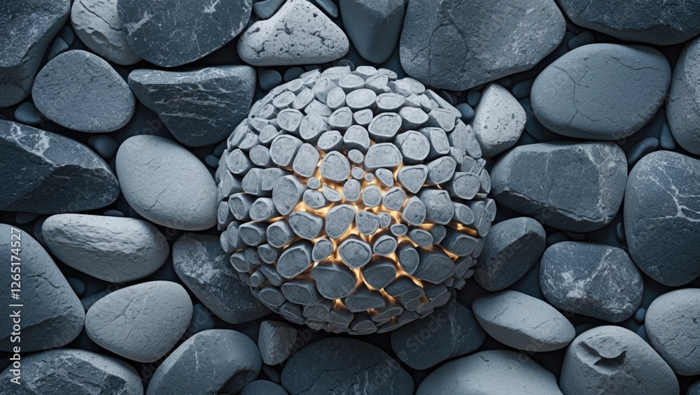 Aufkleber Textured round stone formation with luminous cracks surrounded by dark pebbles on a flat surface displaying natural patterns Copy Space