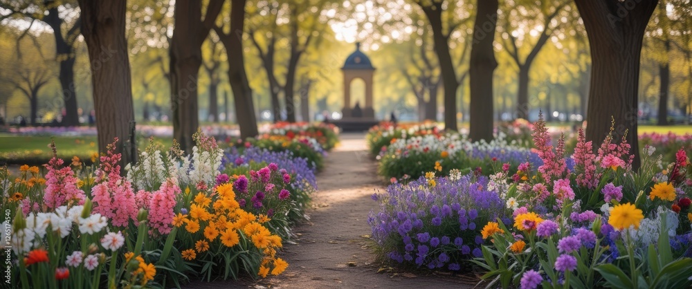 Poster Scenic view of vibrant flower beds along a path in a public park with trees and a gazebo in the background Copy Space