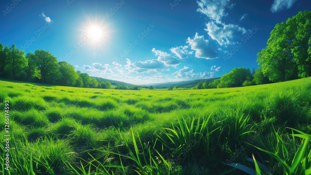 Aufkleber lush green field under bright blue sky with clouds and sunlight radiating in a serene landscape with