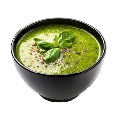 Green soup on black bowl isolated on transparent background