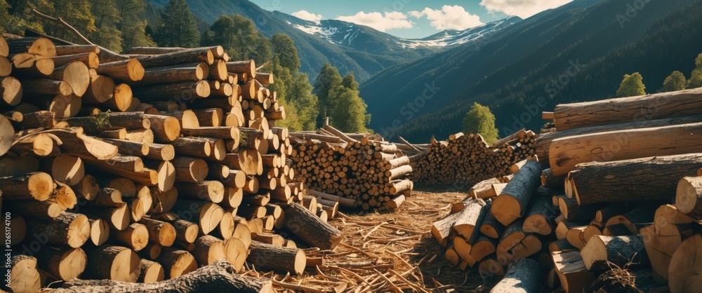 Poster wood logs stacked in a logging area with mountains in the background and a clear blue sky, depicting
