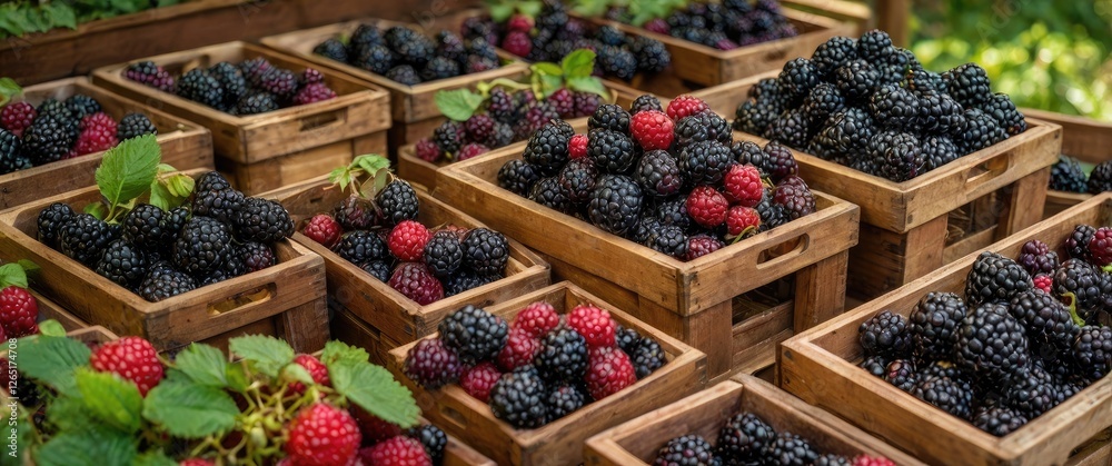 Poster freshly harvested blackberries and raspberries in wooden crates on a market stall with green foliage