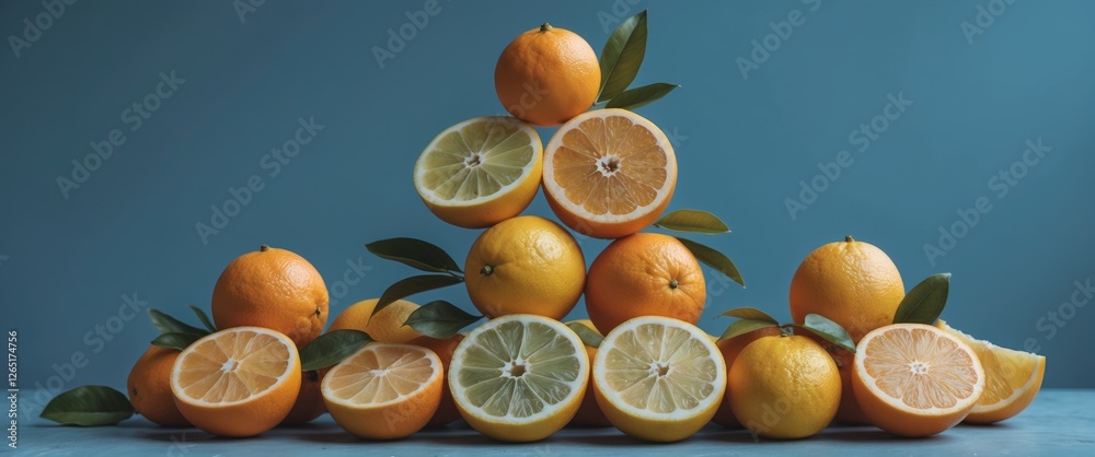 Poster pyramid arrangement of whole and sliced oranges and lemons on a blue background with green leaves an
