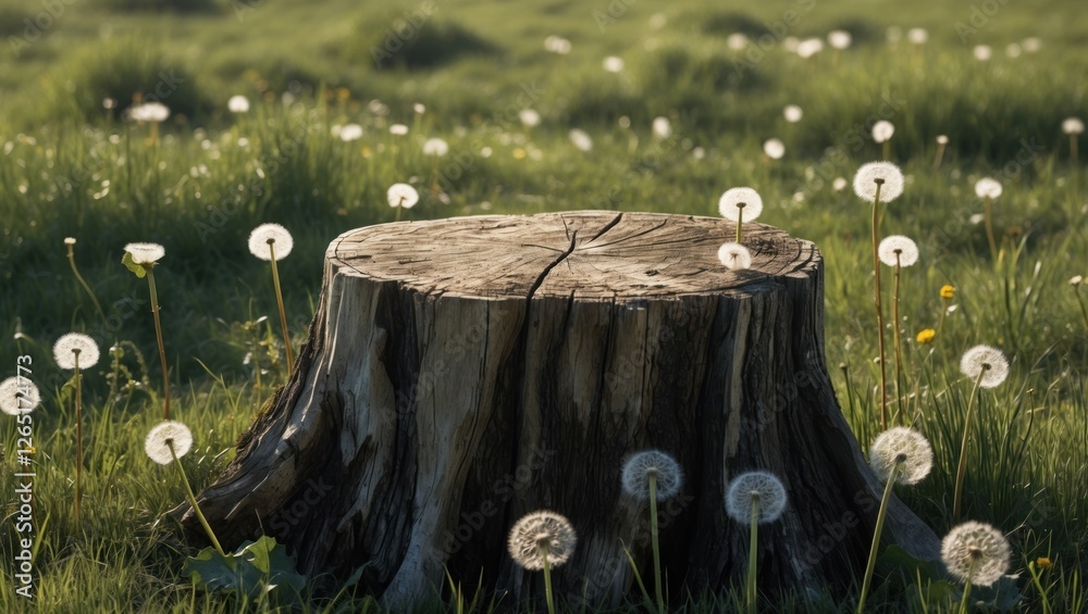 Poster dandelion flowers surrounding a weathered tree stump in a lush green meadow with soft sunlight and n