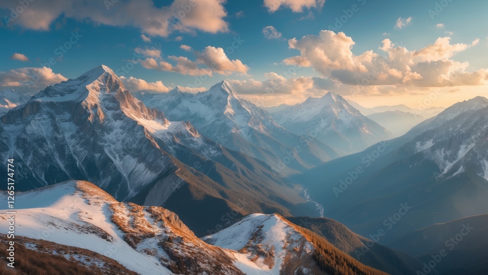 Aufkleber mountain landscape with snow-capped peaks under a cloudy sky during sunset with soft light and panor