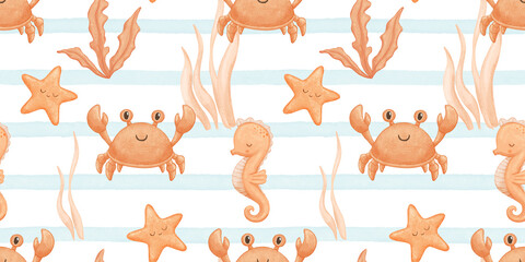 Seamless pattern with orange starfish, seahorse and seaweed, underwater world design, watercolor repeating striped background for nursery © Elena