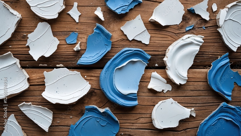 Poster broken ceramic pieces in blue and white colors scattered on a wooden surface with natural texture an
