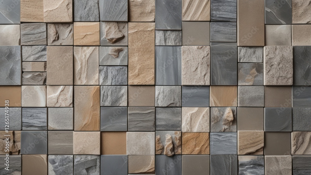 Aufkleber Textured stone wall tiles in various shades of gray and beige arranged in a rectangular pattern with Copy Space for text placement
