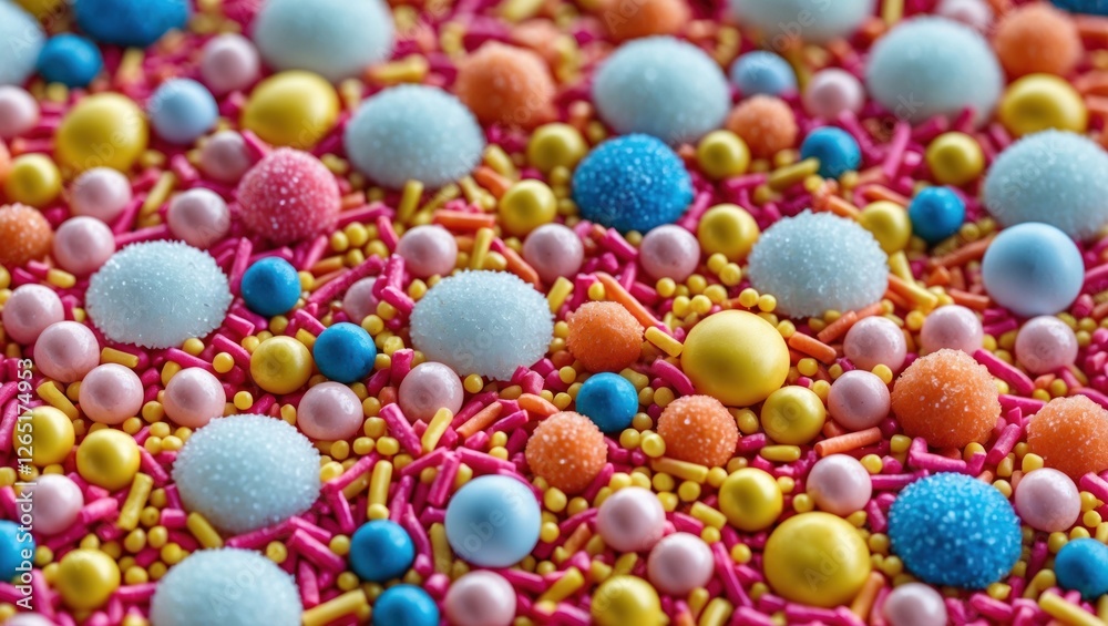Poster colorful sugar sprinkles in various shapes and sizes on a flat surface for decoration copy space