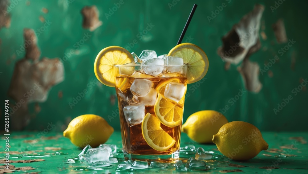 Poster Iced tea drink with lemon slices and ice cubes on a green textured background with lemons scattered around Copy Space