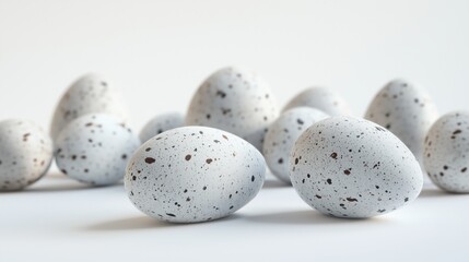 Speckled white eggs artistically arranged on a smooth white surface, evoking a serene and minimalistic aesthetic.