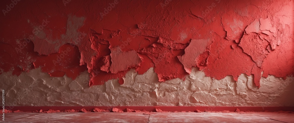 Poster textured wall with peeling red paint and exposed beige surface, creating a weathered background, cop