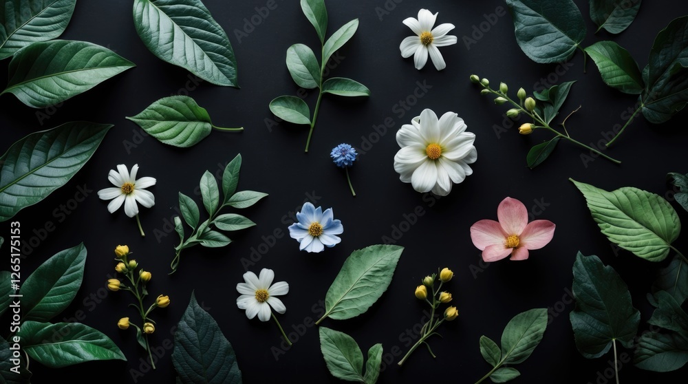 Poster Variety of green leaves and colorful flowers arranged on a dark background with Copy Space available for text insertion
