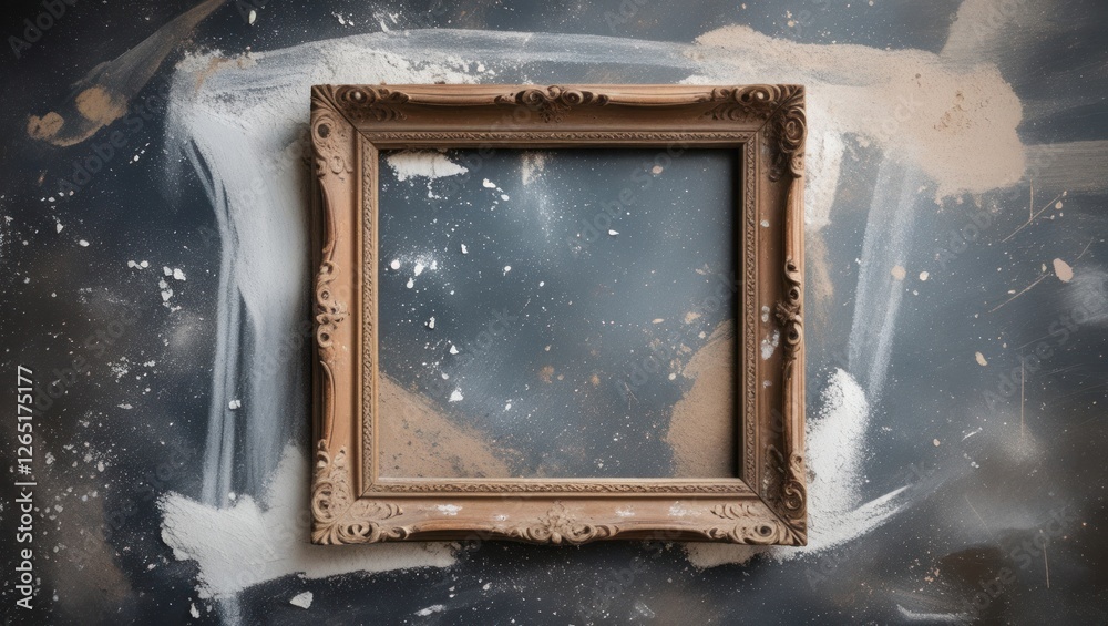 Poster vintage ornate picture frame on grungy wall with artistic paint splashes and space for custom text o