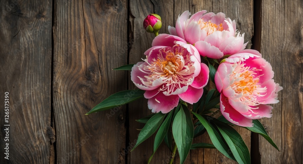 Poster pink peonies flowers bouquet on rustic wooden background with copy space for text addition