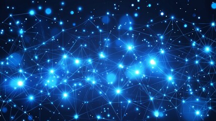 Fototapeta premium Abstract Blue Network Background, Connecting Dots And Lines With Light Flares On Black