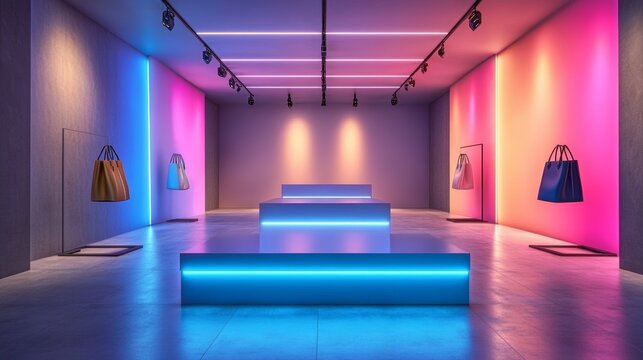 High tech virtual showroom with futuristic lighting and nft display design