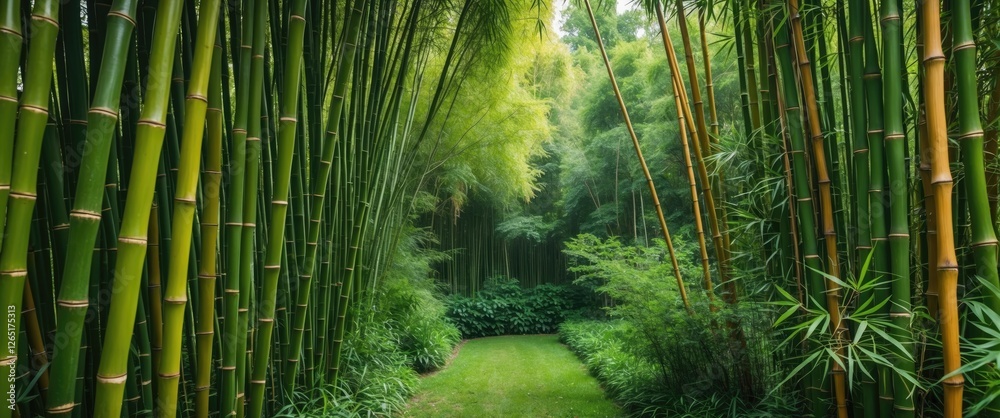 Poster lush bamboo forest pathway with dense green foliage and complementary plants in a tranquil natural s